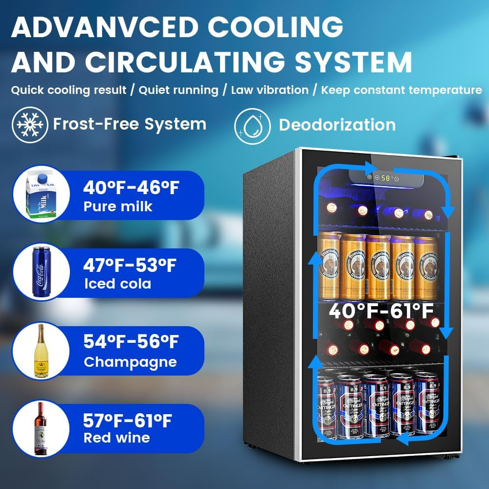 Mini Fridge 130 Can Beverage Refrigerator Cooler, 3.2 Cu.Ft Drink Fridge for Soda Wine Beer, Adjustable Temperature Control for Home Office, Black