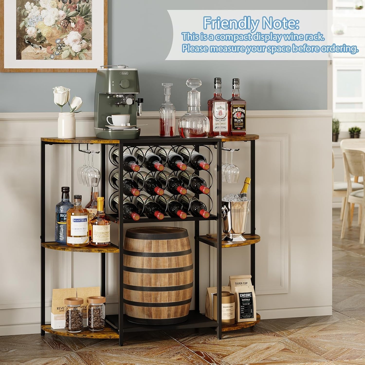Jksmart Wine Bar Cabinet with LED Lights, Mini Wine Rack with Storage and Glass Holder, Home Bar Cart for Liquor, 3-Tier Bar Table for Kitchen, Dining Room, Living Room, Rustic Brown