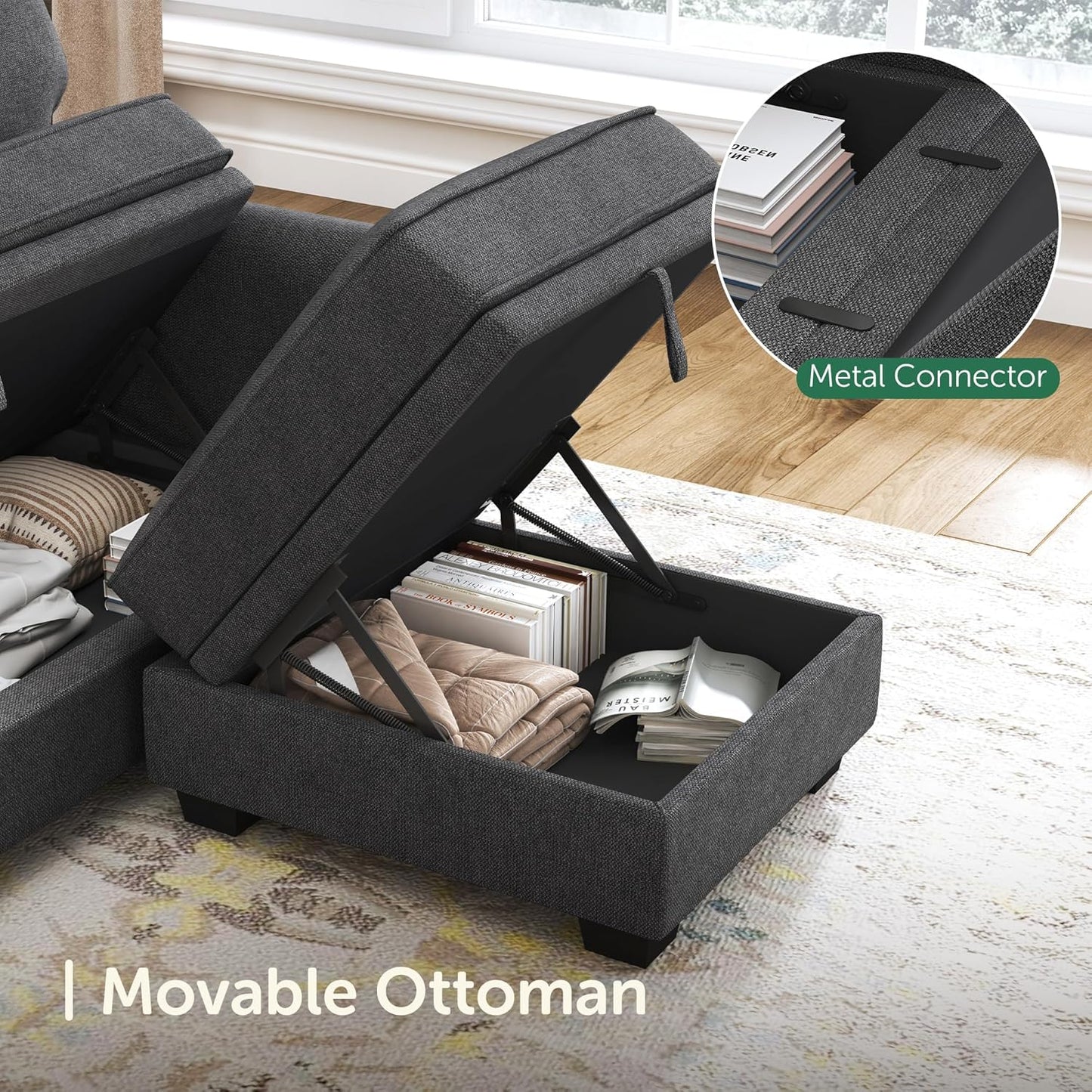 HONBAY Sectional Sofa with Storage Seat U Shaped Sectional Couch with Reversible Chaise Convertible Sectional Couches for Living Room,Dark Grey