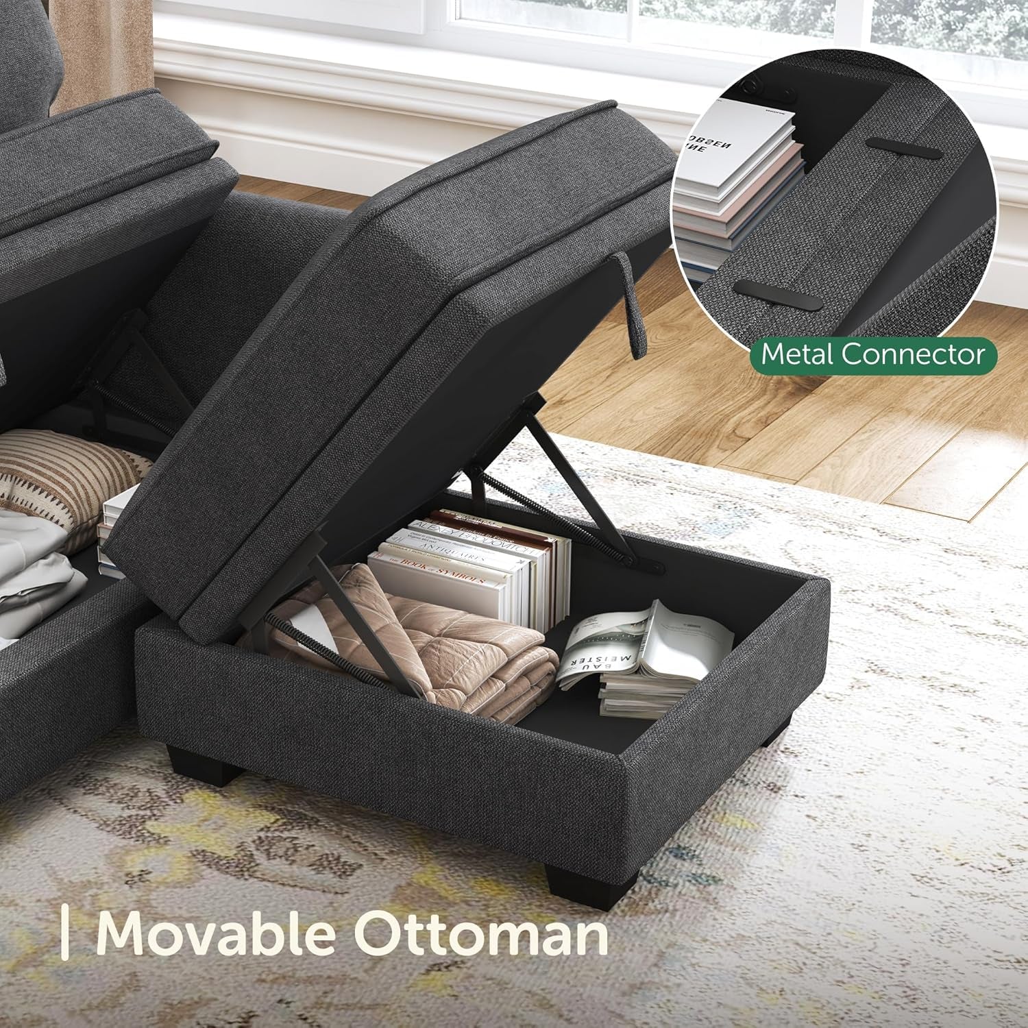 HONBAY Sectional Sofa with Storage Seat U Shaped Sectional Couch with Reversible Chaise Convertible Sectional Couches for Living Room,Dark Grey