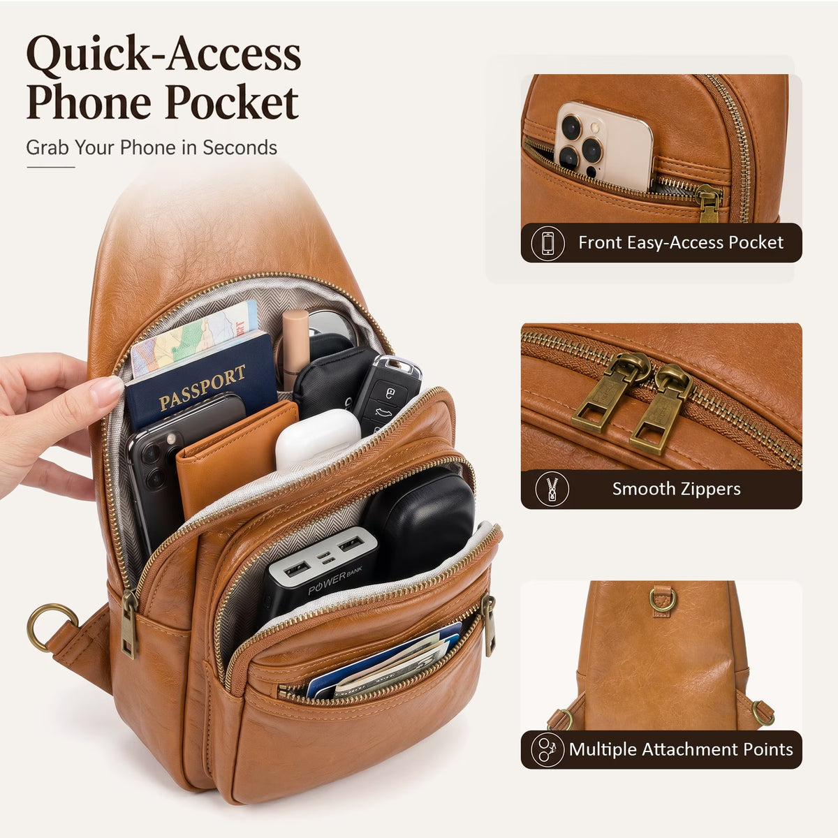 Unisex Brown Crossbody Sling Bag – Water-Resistant PU Leather Travel Bag