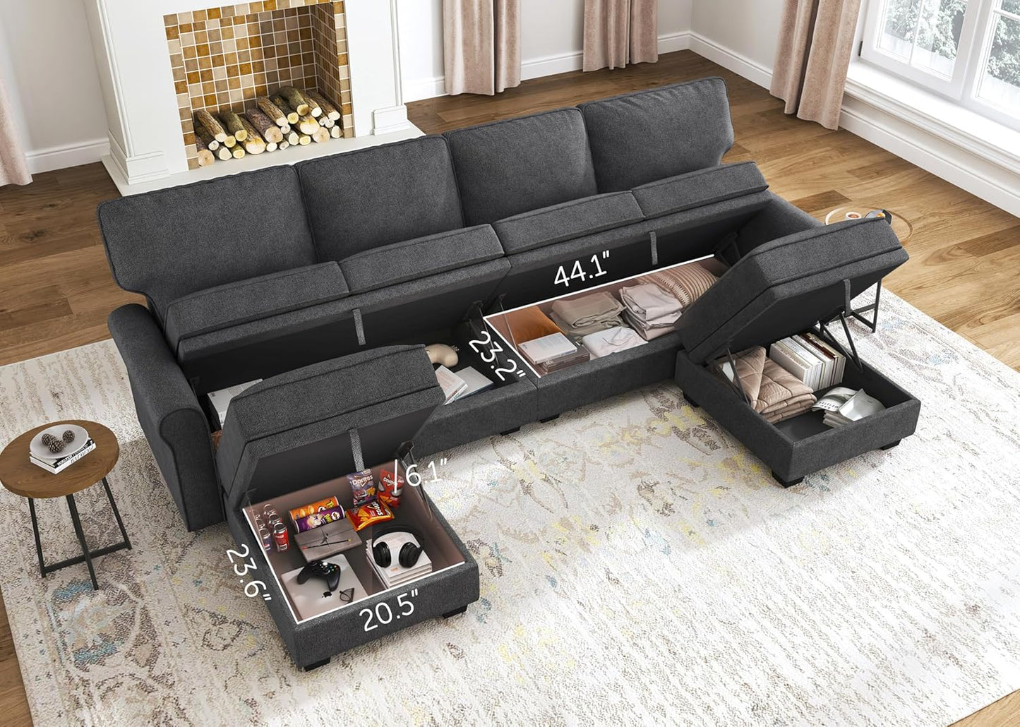 HONBAY Sectional Sofa with Storage Seat U Shaped Sectional Couch with Reversible Chaise Convertible Sectional Couches for Living Room,Dark Grey