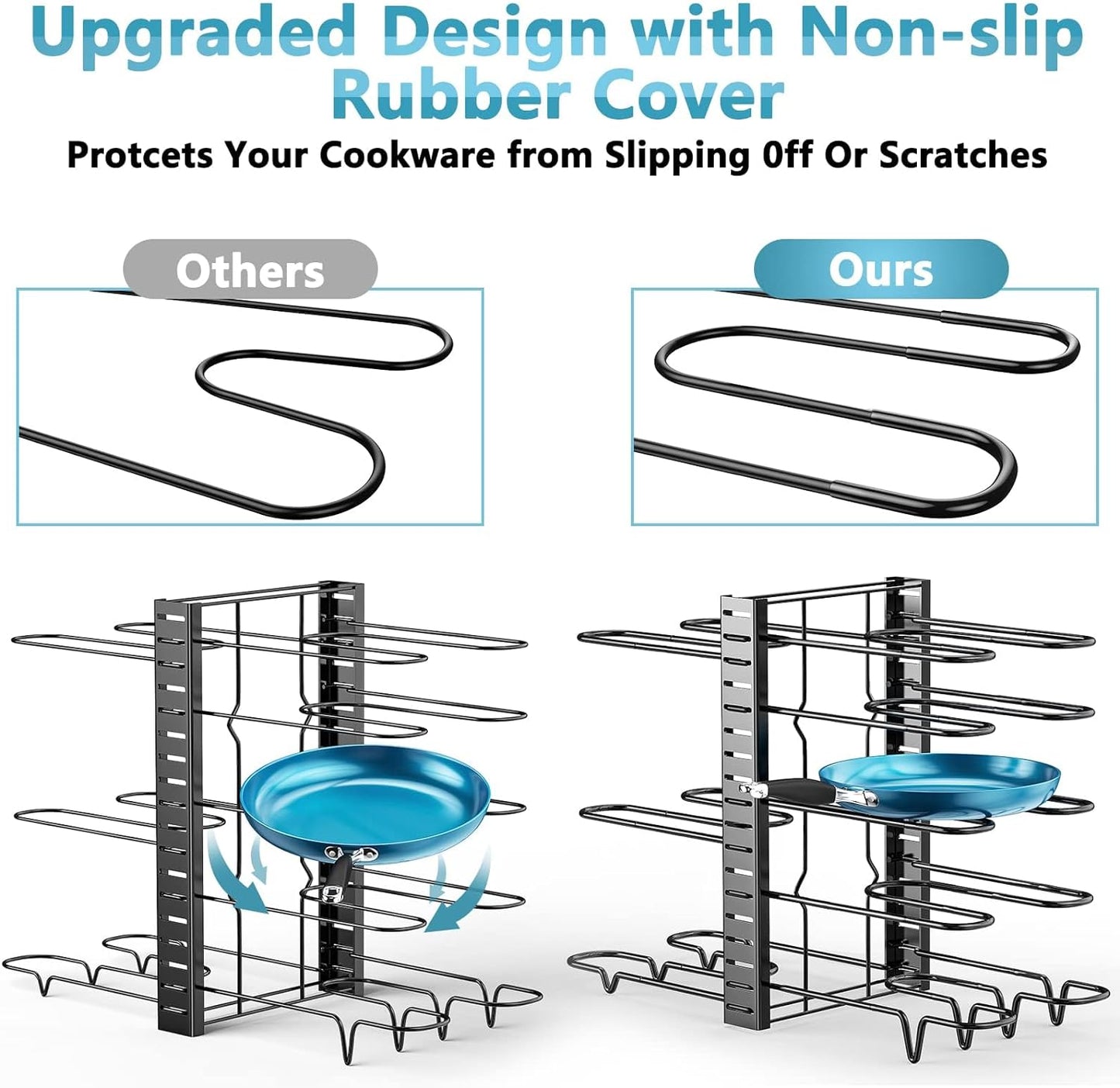 Pots and Pans Organizer for Cabinet 16.61 Height, 8 Tier Pot Organizers Rack with 3 DIY Methods, Adjustable Pan Organizer under Cabinet Kitchen Organization and Storage