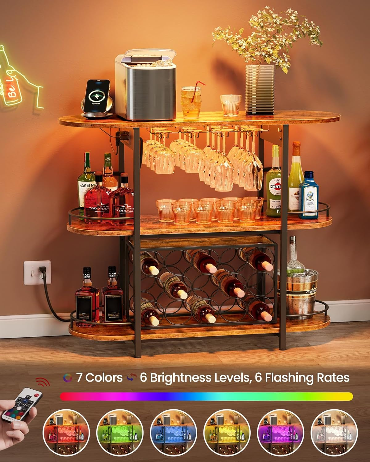 VASAGLE Bar Cabinet with LED Lights and Power Outlets, Freestanding Coffee Bar Wine Cabinet, Wine Rack, Glass Holder, Mini Bar for Liquor and Glasses, Kitchen, Dining Room, Rustic Brown ULWR007K01S