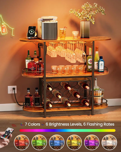 VASAGLE Bar Cabinet with LED Lights and Power Outlets, Freestanding Coffee Bar Wine Cabinet, Wine Rack, Glass Holder, Mini Bar for Liquor and Glasses, Kitchen, Dining Room, Rustic Brown ULWR007K01S