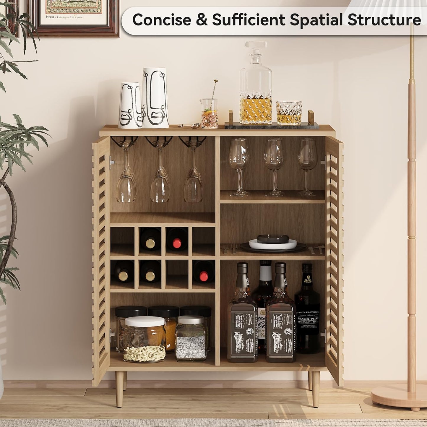 ZOSQUARE Mid Century Bar Cabinet with Wine Racks, Modern Liquor Cabinet with Slatted Doors for Dining Room, Living Room (Natural Color)