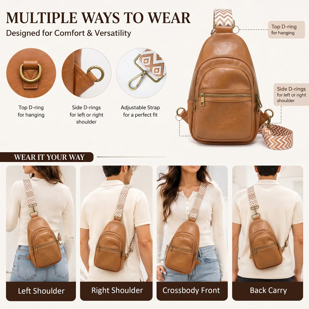 Unisex Brown Crossbody Sling Bag – Water-Resistant PU Leather Travel Bag