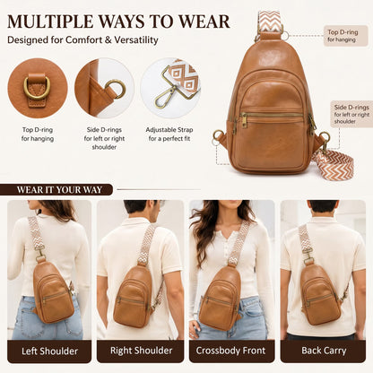 Unisex Brown Crossbody Sling Bag – Water-Resistant PU Leather Travel Bag
