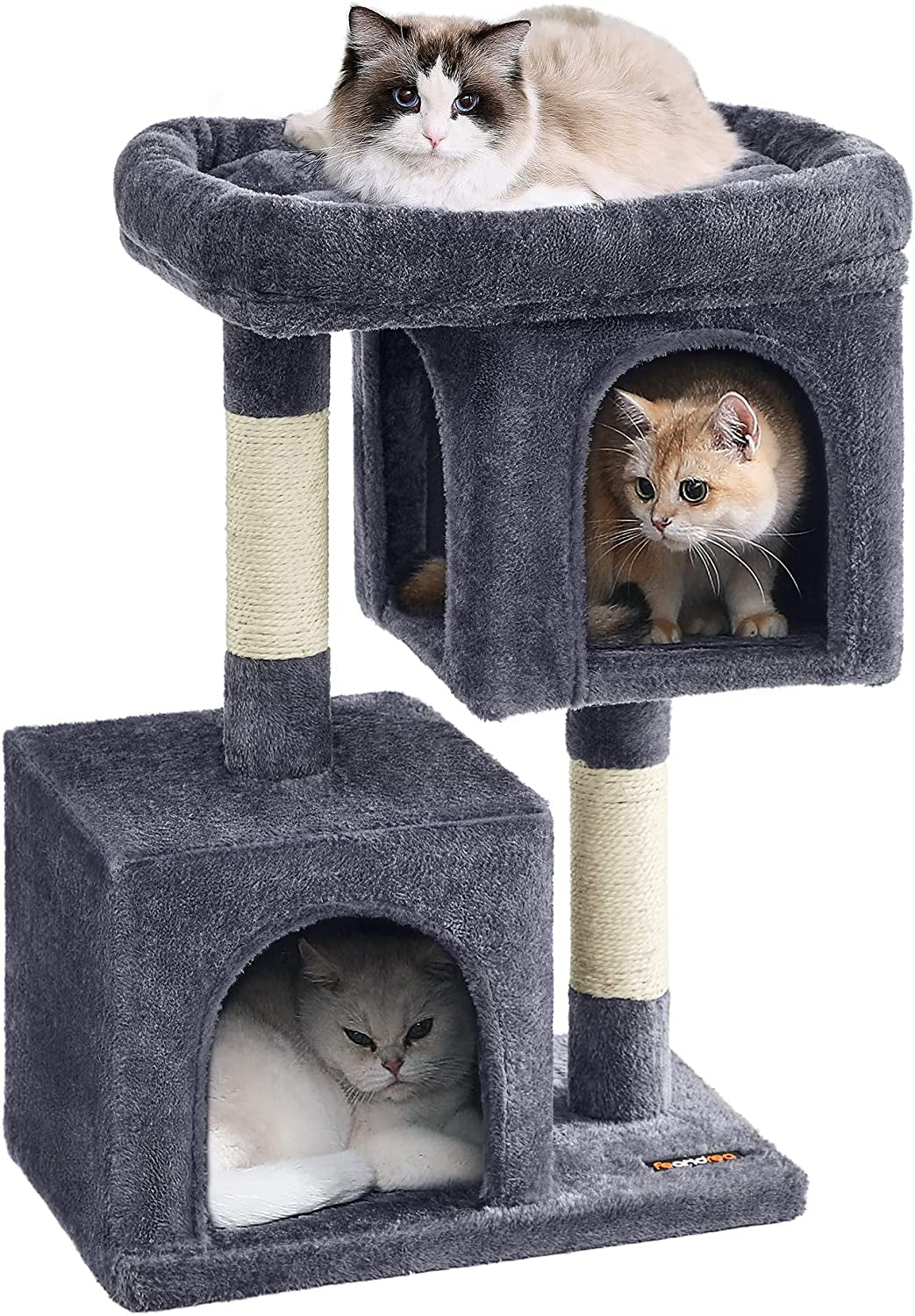 Feandrea Cat Tree, 33.1-Inch Cat Tower, Plush Condo for Large Cats up to 16 Lb, Large Perch, 2 Caves, Scratching Post, Light Gray UPCT61W