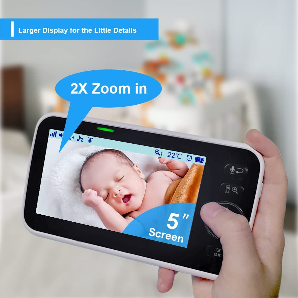 No Wifi Baby Monitor 5" Screen 30-Hour Battery Pan-Tilt-Zoom Video Upgrade with Camera and Audio, Night Vision, VOX, 2-Way Talk, 8 Lullabies and 1000Ft Range