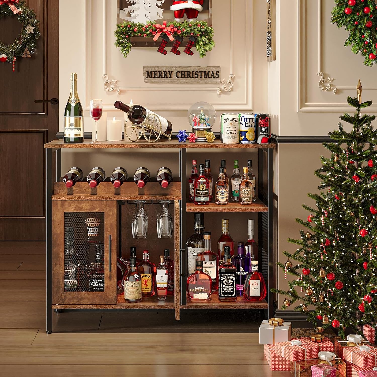 X-Cosrack Wine Bar Rack Cabinet with Detachable Wine Rack, Coffee Bar Cabinet with Glass Holder, Small Sideboard and Buffet Cabinet with Mesh Door, Rustic Brown, Large