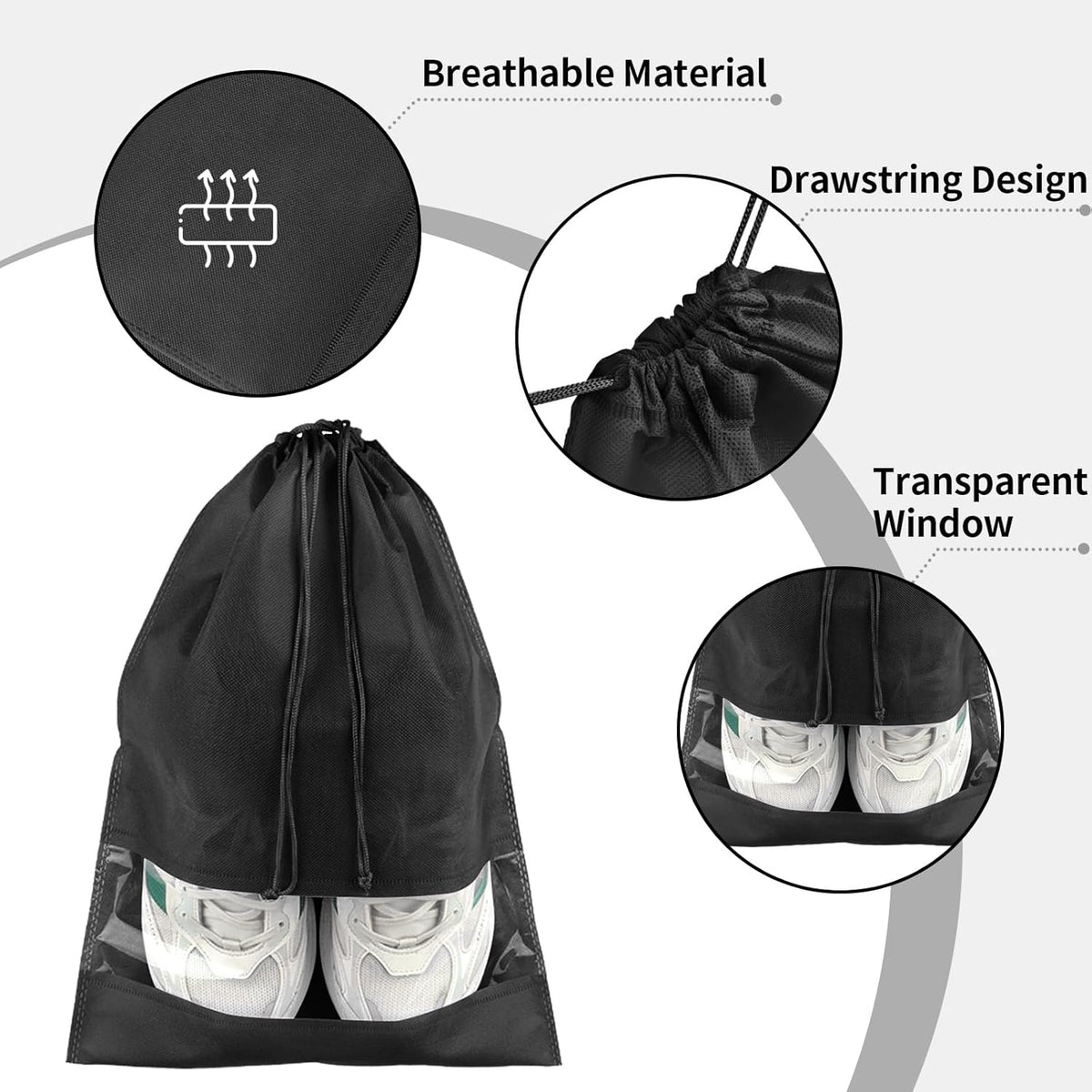 10-Pack Travel Shoe Bags with Clear Windows – Breathable Drawstring Shoe Organizer