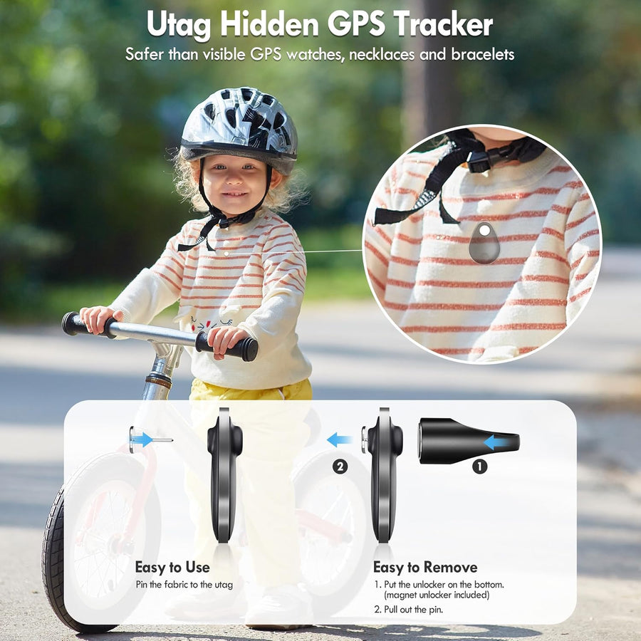 GPS Tracker for Kids Hidden 4Pack, Security Tag with Pins Works with Find My (Ios Only), Lost Mode, Anti-Removal Tracking Device for Children, Elderly, Pets, Backpack, No Monthly Fee (Not for Android)