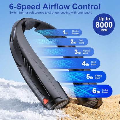 Power Breeze™ /  Portable Neck Fan with Reading Light, 6-Speed Wearable Fan, 6000Mah USB-C Rechargeable Hands Free Fan for Outdoor Work, Travel, Camping, Kitchen, Running - Black