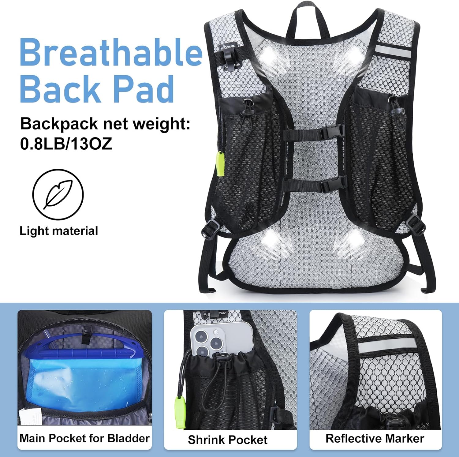 Lightweight Hydration Backpack, Running Backpack with 2L Water Bladder, Hydro Water Daypack for Cycling Hiking Rave for Men Women