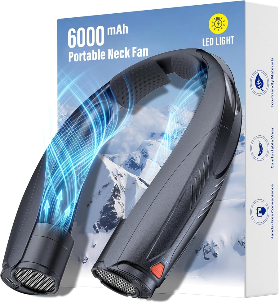 Power Breeze™ /  Portable Neck Fan with Reading Light, 6-Speed Wearable Fan, 6000Mah USB-C Rechargeable Hands Free Fan for Outdoor Work, Travel, Camping, Kitchen, Running - Black
