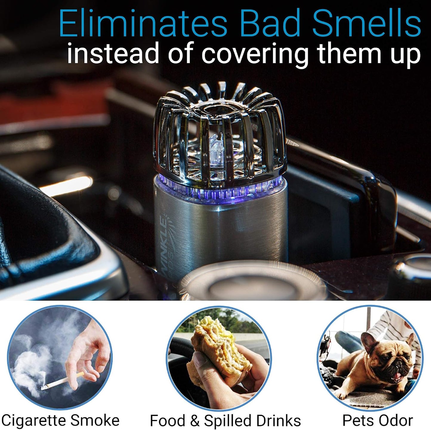 Car Air Purifier Ionizer - 12V Plug-In Ionic Anti-Microbial Car Deodorizer with Dual USB Charger - Smoke Smell, Pet and Food Odors, Allergens, Viruses Eliminator for Car (Matte Silver)