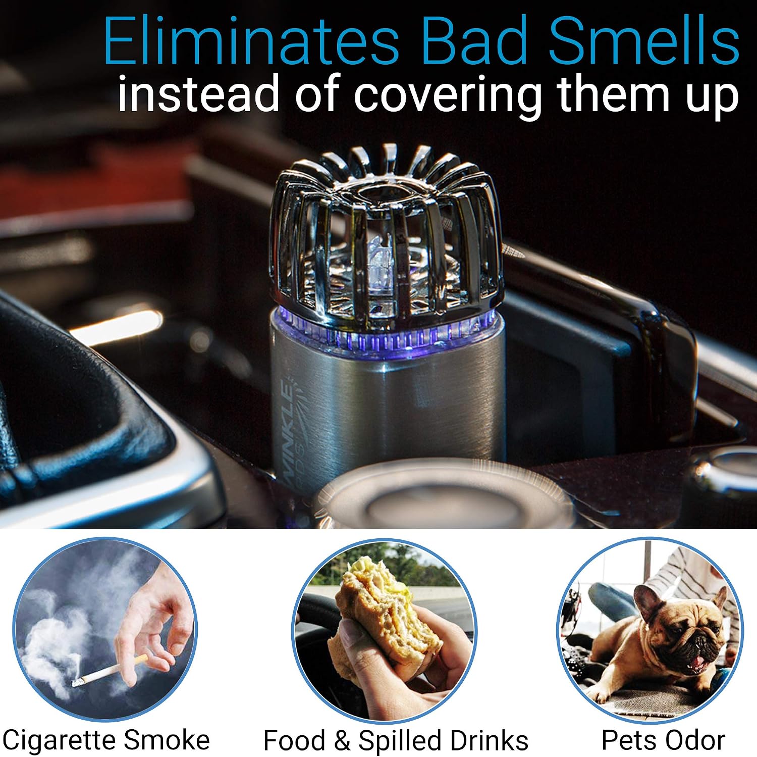 Car Air Purifier Ionizer - 12V Plug-In Ionic Anti-Microbial Car Deodorizer with Dual USB Charger - Smoke Smell, Pet and Food Odors, Allergens, Viruses Eliminator for Car (Matte Silver)