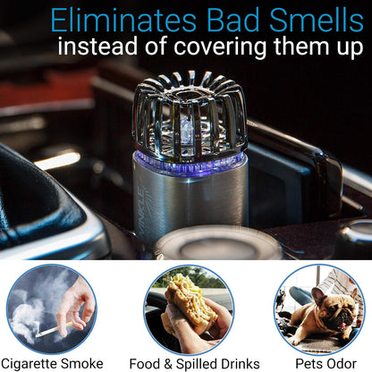 Car Air Purifier Ionizer - 12V Plug-In Ionic Anti-Microbial Car Deodorizer with Dual USB Charger - Smoke Smell, Pet and Food Odors, Allergens, Viruses Eliminator for Car (Matte Silver)