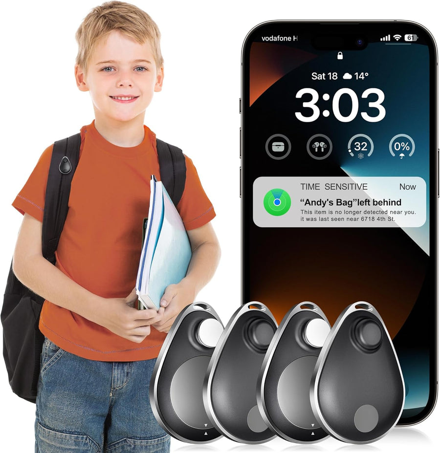 GPS Tracker for Kids Hidden 4Pack, Security Tag with Pins Works with Find My (Ios Only), Lost Mode, Anti-Removal Tracking Device for Children, Elderly, Pets, Backpack, No Monthly Fee (Not for Android)