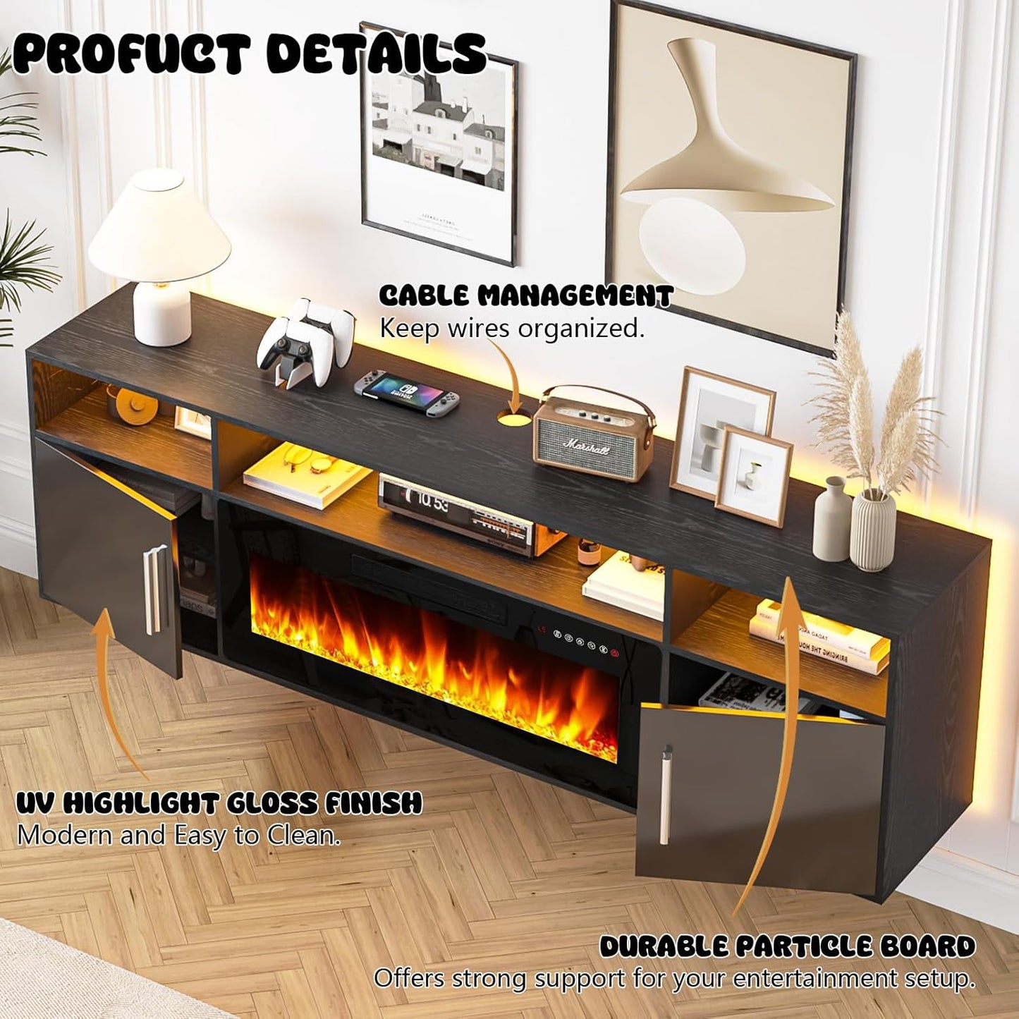 LEMBERI 70" Floating TV Stand with 36" Electric Fireplace, Wall Mounted Fireplace LED Light Entertainment Center with Storage, Fire Place TV Console with Highlight Cabinet for Living Room (Black)