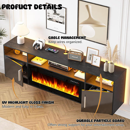 LEMBERI 70" Floating TV Stand with 36" Electric Fireplace, Wall Mounted Fireplace LED Light Entertainment Center with Storage, Fire Place TV Console with Highlight Cabinet for Living Room (Black)