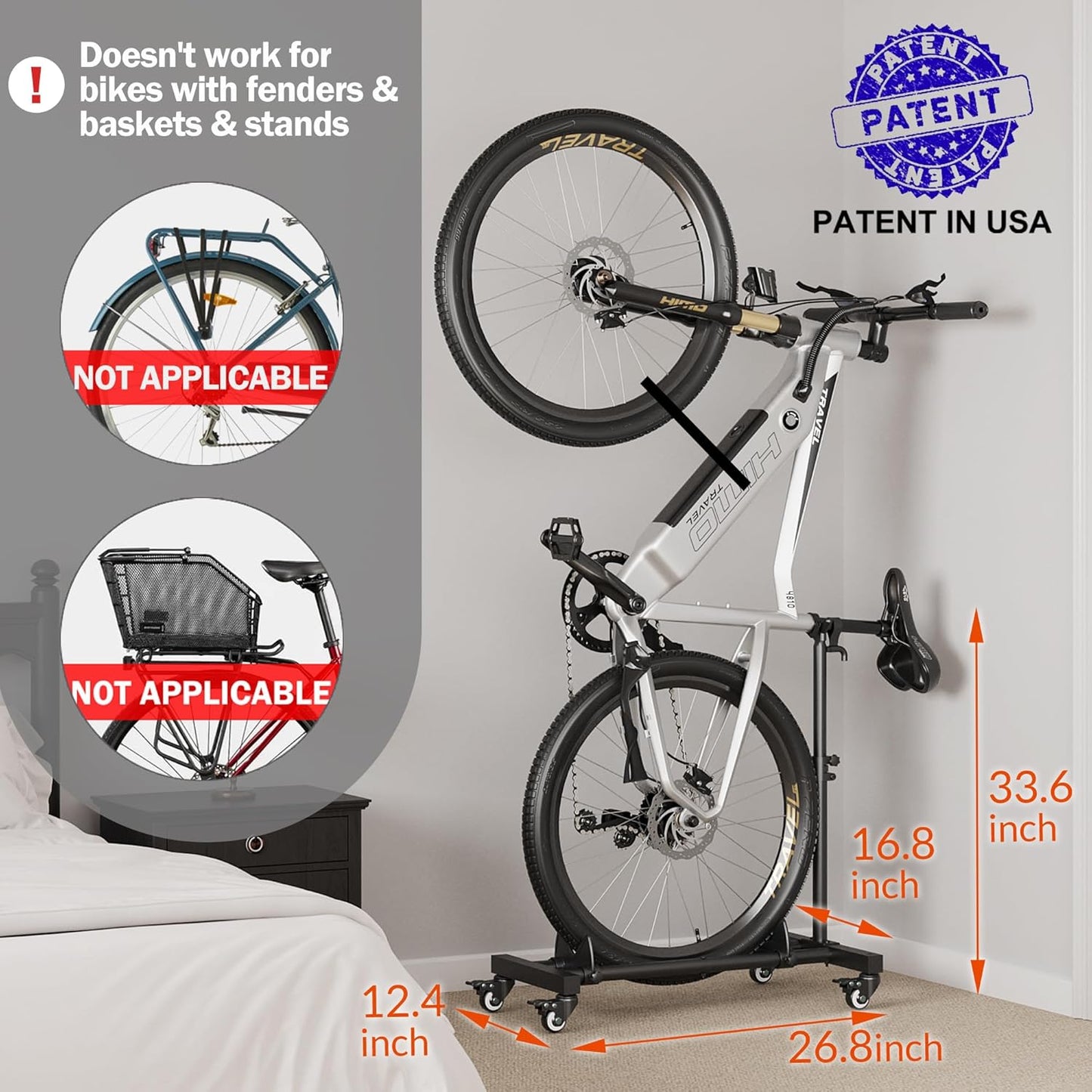 Vertical Bike Stand, Freestanding Bike Rack Garage Storage Upright Bicycle Floor Stand Indoor Bike Holder with Adjustable Height for Garage & Apartment - for Wheels Sizes up to 29”