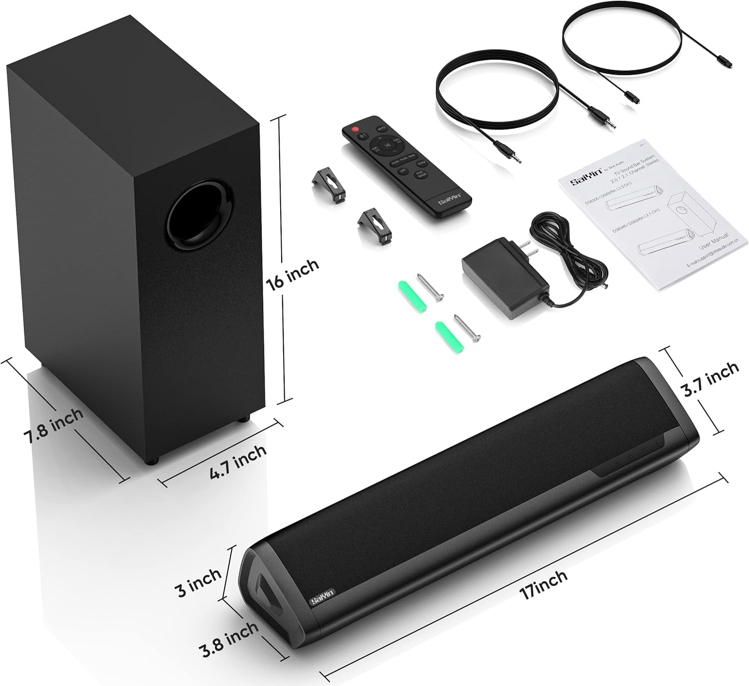 Sound Bars for TV with Subwoofer, 2.1 Deep Bass Small Soundbar Monitor Speaker Home Theater Surround System PC Gaming Bluetooth/Aux/Optical Connection, Wall Mountable 17-Inch