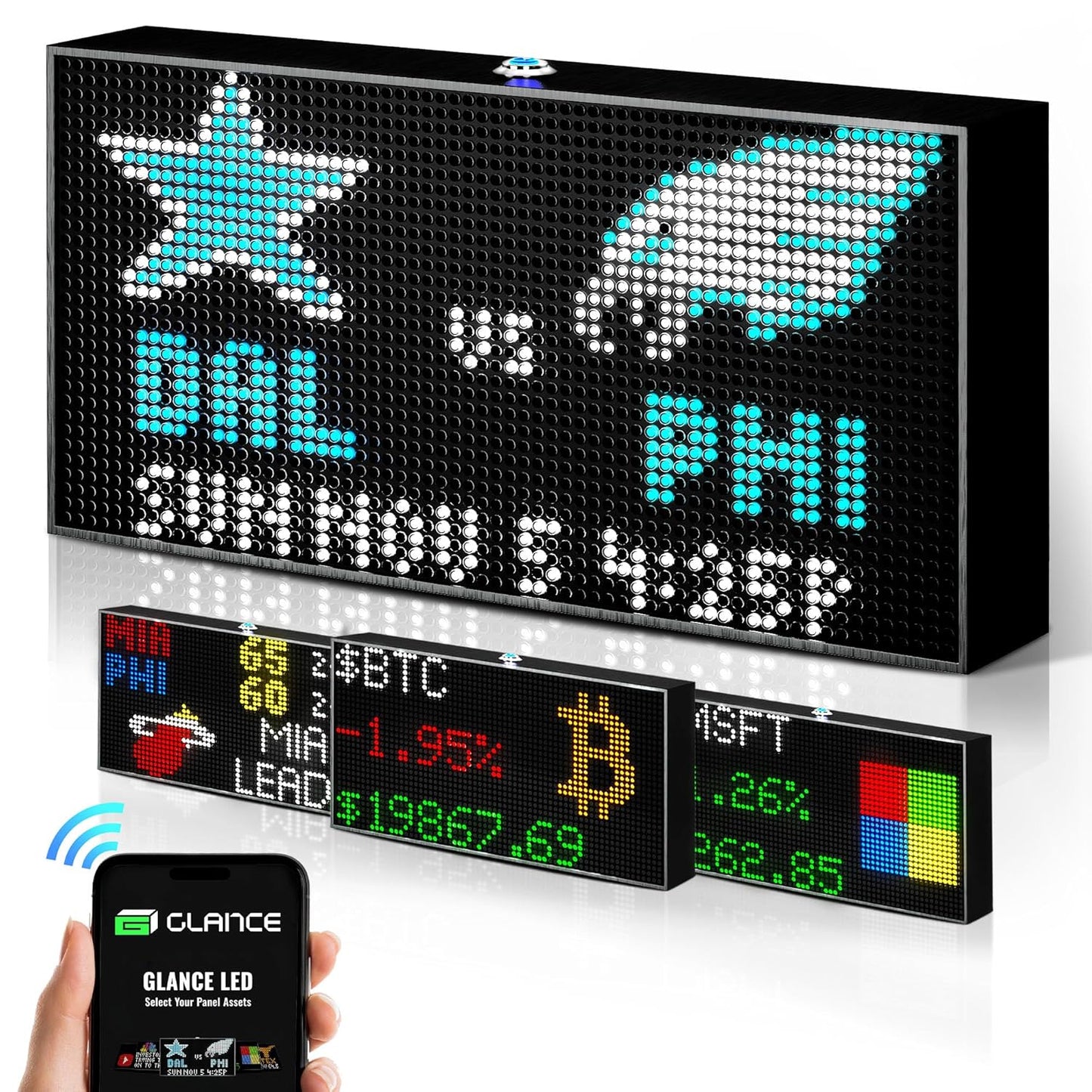 Glance LED Ticker - Customizable LED Display Sports Ticker, LED Display for Man Cave, Stock Market Ticker Display, Sports Score Retro Smart Pixel Display, Weather Display - 10.5"X5.5" Made in USA