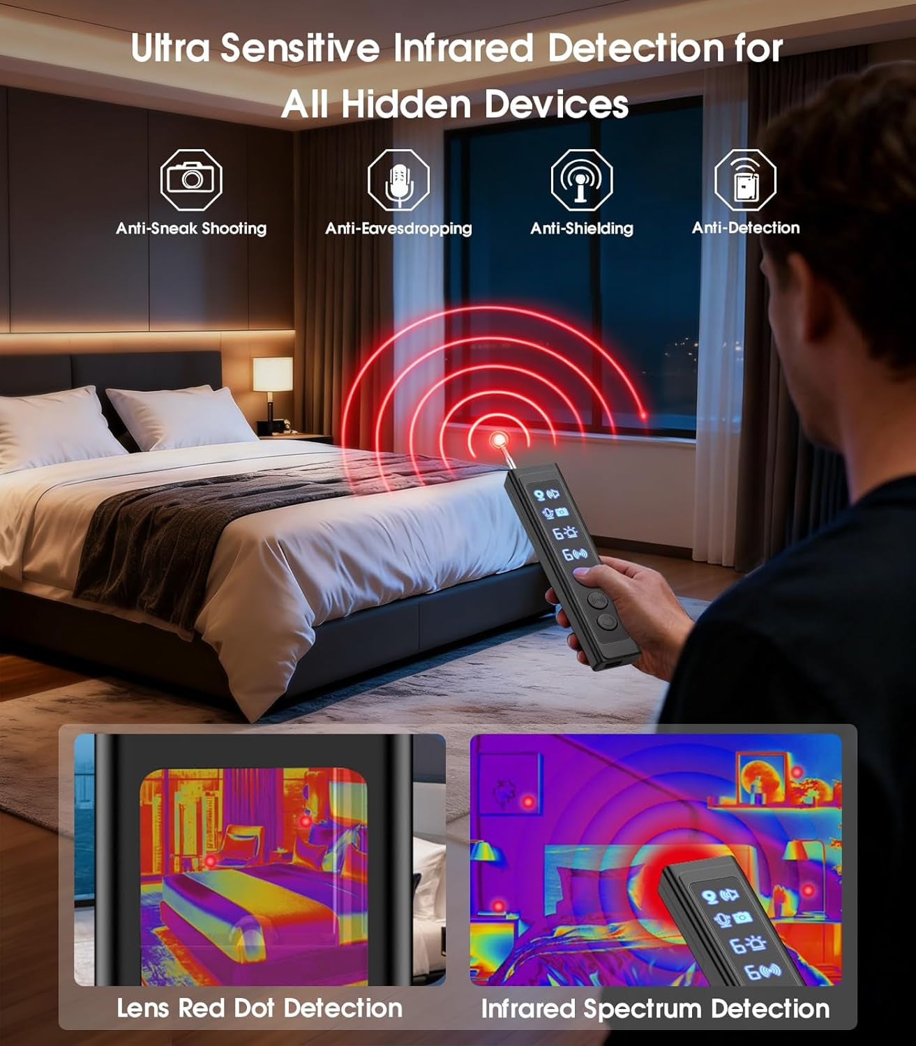 AI Hidden Camera Detector,High Precision Bug & Wifi Scanner Finder,All in One Hidden Devices Detector with 6 Sensitivity Levels & 4 Detection Modes,Gps Trackers for Hotel,Bathroom,Office,Car&Travel