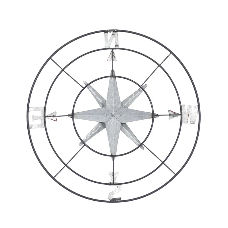 Metal Indoor Outdoor Compass Home Gray Wall Decor with Distressed Copper like Finish