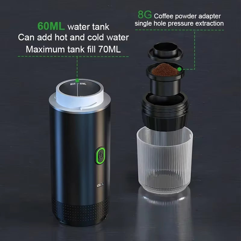 Portable Wireless Electric Espresso Coffee Maker for Car and Home - 3-in-1 Capsule and Ground Coffee Travel Machine