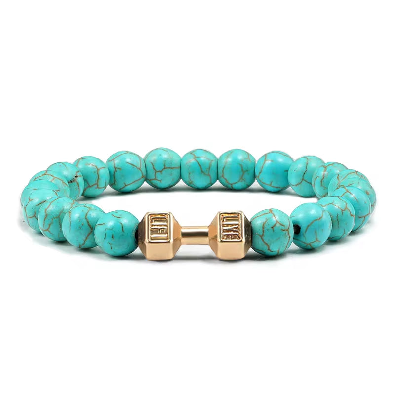 ForgeFit™ Volcanic Stone Fitness Bracelet / Natural Volcanic Stone Bracelet Men Matte Black Lave White Beads Charm Dumbbell Strand Bracelets Women Barbell Fitness Jewelry