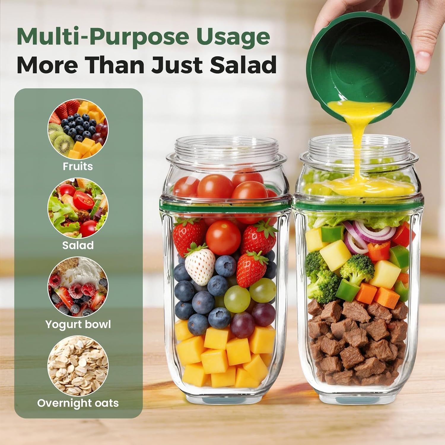 Portable-Salad-Jar Side Opening,Salad-Pod with Dressing Cup 33.8 Oz | 2.5 Oz Cup, Lid Container for Lunch Lid Converts to Bowl Leakproof Design for Office, Travel, Picnic, Meal Prep (Green)