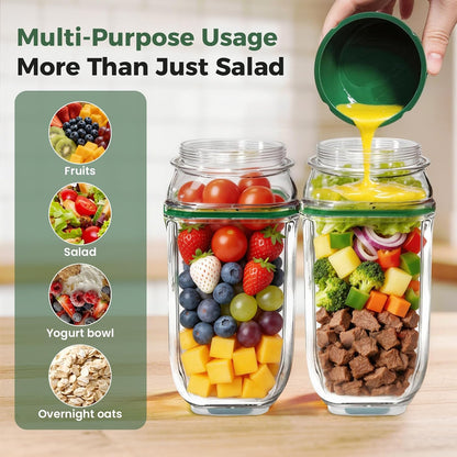 Portable-Salad-Jar Side Opening,Salad-Pod with Dressing Cup 33.8 Oz | 2.5 Oz Cup, Lid Container for Lunch Lid Converts to Bowl Leakproof Design for Office, Travel, Picnic, Meal Prep (Green)