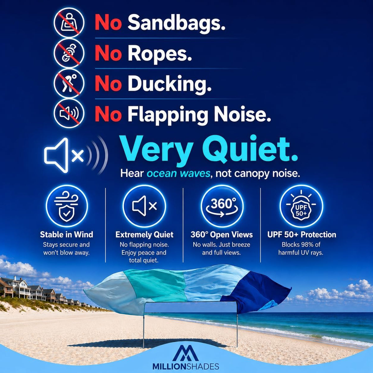 Millionshades® Beach Shade Sail – No Ropes, No Sandbags, Quiet in Wind, 8X8 Ft Wind-Propelled® Beach Shade Canopy, UPF 50+, Cozy for 2-3 People