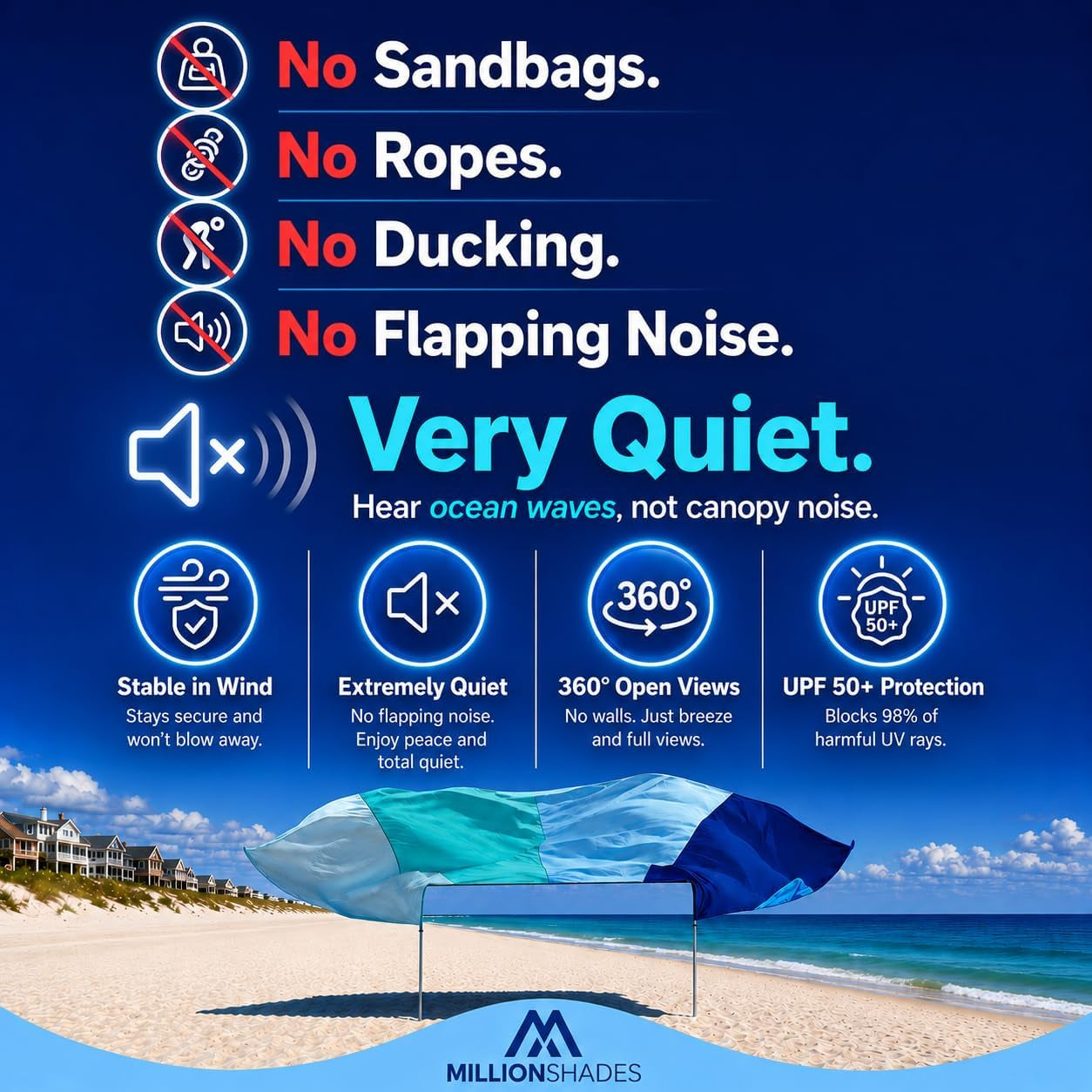 Millionshades® Beach Shade Sail – No Ropes, No Sandbags, Quiet in Wind, 8X8 Ft Wind-Propelled® Beach Shade Canopy, UPF 50+, Cozy for 2-3 People