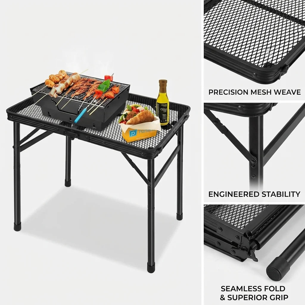 Tiagowell Lightweight Folding Grill Table with Mesh Desktop, Camping Table Folding Portable Camp Aluminum ,Picnic, Backyard, BBQ, Patio, Black