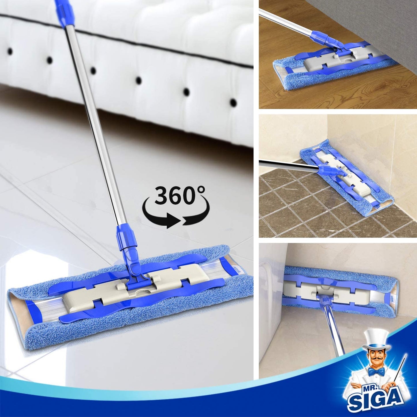 MR.SIGA Professional Microfiber Mop for Hardwood, Laminate, Tile Floor Cleaning, Stainless Steel Telescopic Handle - 3 Reusable Flat Mop Refills and 1 Dirt Removal Scrubber Included