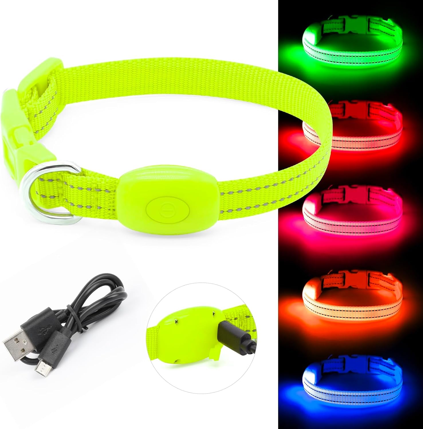 BSEEN Adjustable LED Dog & Cat Collar - Rechargeable, Small Breeds, Green, 8.5-11.8 Inches, Nylon, Lightweight, Reflective, 2 Flash Modes