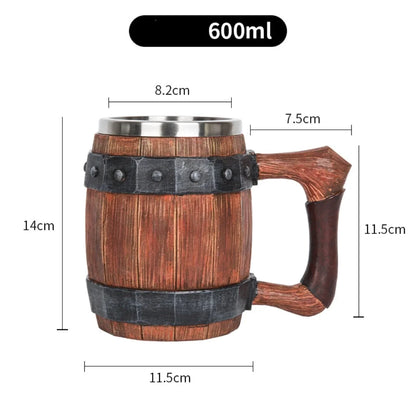 Viking Wood Style Beer Mug 3D Resin Stainless Steel Coffee Cup Wine Glass Metal Double Wall Mug Beer Jug Cup Thermal