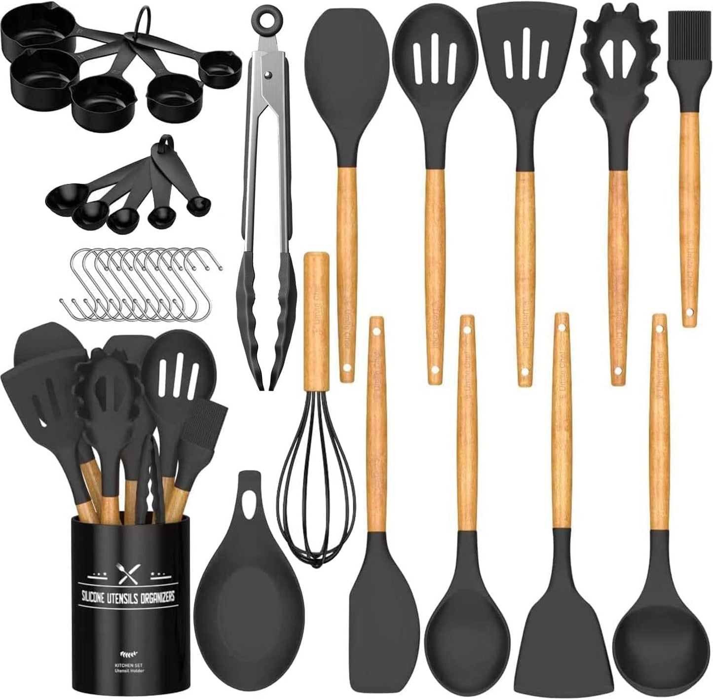 Umite Chef Kitchen Cooking Utensils Set, 33 Pcs Non-Stick Silicone Cooking Kitchen Utensils Spatula Set with Holder, Wooden Handle Silicone Kitchen Gadgets Utensil Set (Khaki)