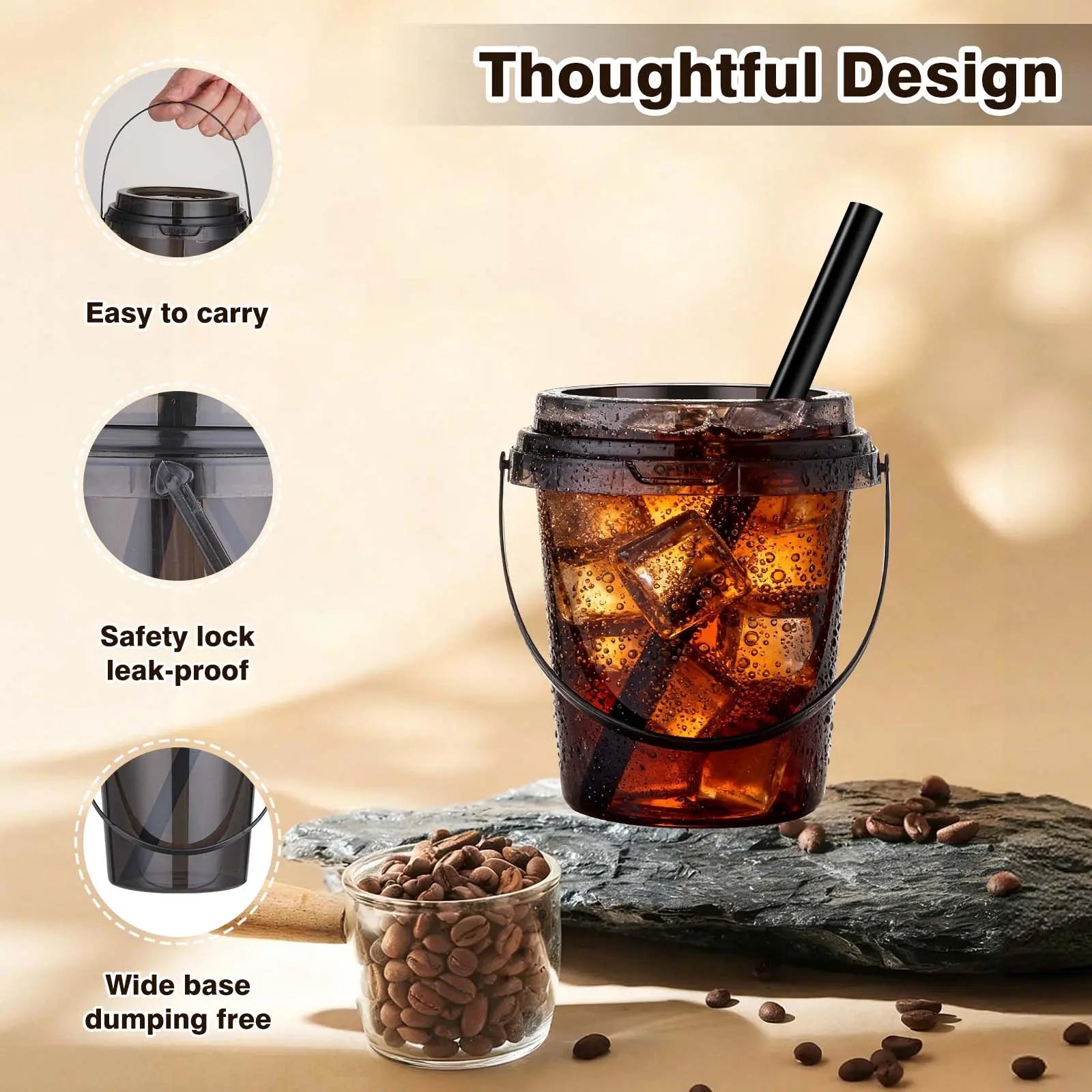 Kesaplan 30 Pack 24Oz Drink Buckets with Lids and Straws, Black Bucket Cups Reusable,Stackable,With Handle,Ideal for Iced Coffee,Bubble Tea,Lemonade,Holiday and Party Use
