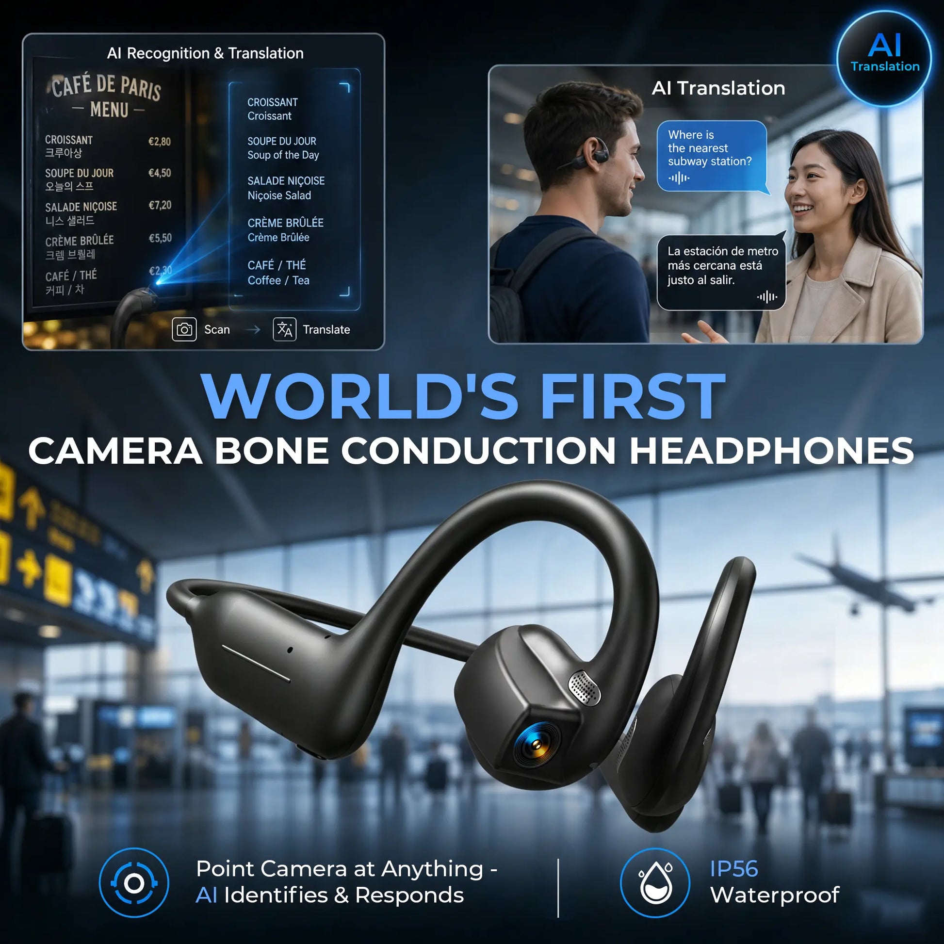 E12 Bone Conduction Bluetooth Headphones with 8MP EIS Stabilized Camera, 160+ Languages Instant Translation, Touch & Button Control, IP54 Waterproof Wearable Headset for Outdoor Cycling Vlog Recording Sports & Daily Communication