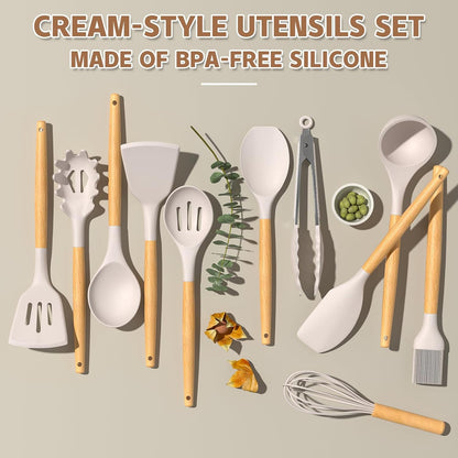 Umite Chef Kitchen Cooking Utensils Set, 33 Pcs Non-Stick Silicone Cooking Kitchen Utensils Spatula Set with Holder, Wooden Handle Silicone Kitchen Gadgets Utensil Set (Khaki)