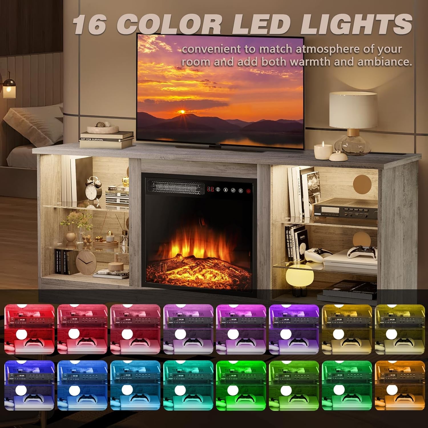 LEMBERI Fireplace TV Stand for up to 65 Inches Tvs, LED Modern Entertainment Center with Built-In Electric Fireplace Heater & Adjustable Glass Shelves, Media Console for Living Room, Grey