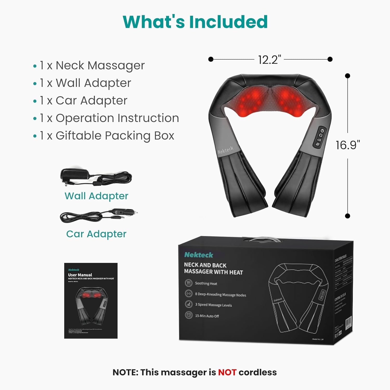 Nekteck Shiatsu Neck Massager with Heat for Pain Relief Deep Tissue, 2026 Upgraded 3D Back Shoulder Kneading Massage Pillow, Body Muscle Relaxation Tools Gifts for Him Her, Black (NOT Cordless)
