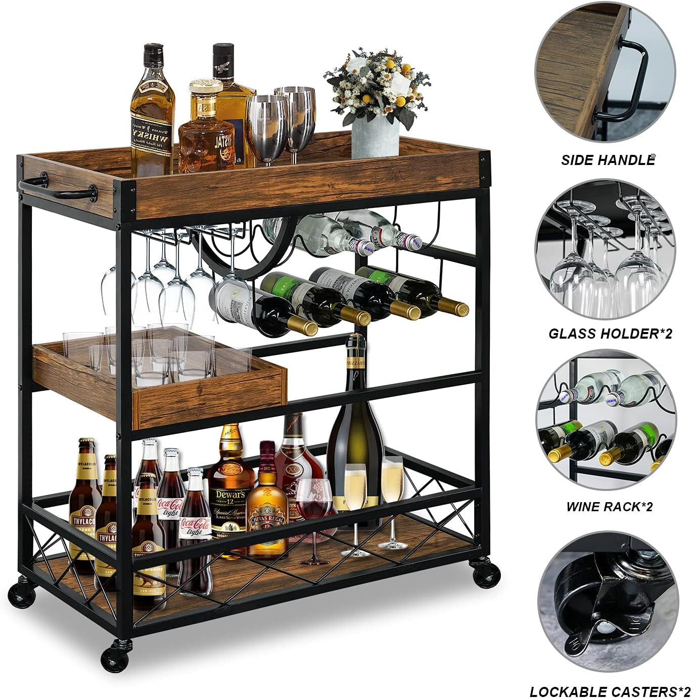 Ohsuaniy Bar Cart for the Home, 3 Tire Industrial Rolling Serving Cart on Lockable Wheels, Alcoholic Beverage Trolley with 2 Removable Trays, Wine Rack and Glass Holder for Indoor, Outdoor