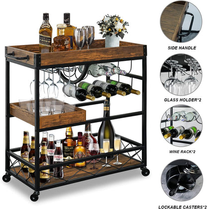 Ohsuaniy Bar Cart for the Home, 3 Tire Industrial Rolling Serving Cart on Lockable Wheels, Alcoholic Beverage Trolley with 2 Removable Trays, Wine Rack and Glass Holder for Indoor, Outdoor