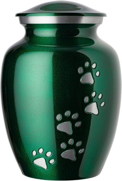 Ottillie Paws Legacy Series Pet Urn for Dogs and Cats, Handmade Brass Memorial Cremation Urn (Small - Pets up to 25 Lbs, Pewter, Vertical Brass Paws)